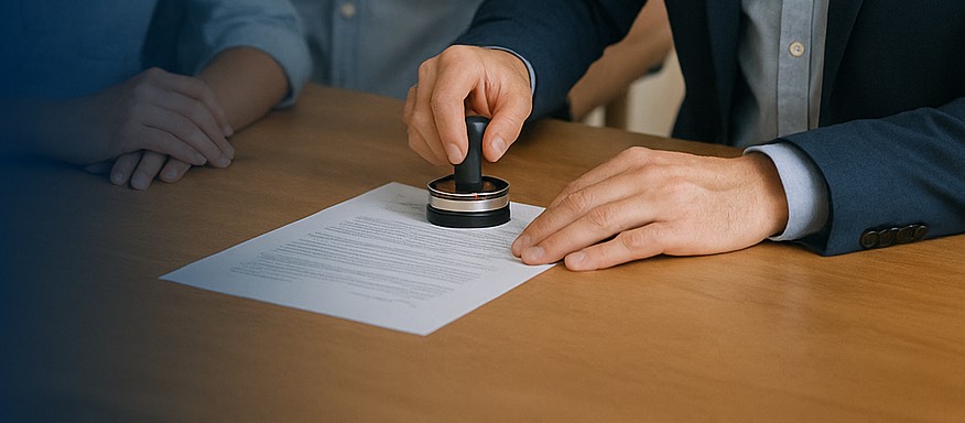 California notary stamping a signed document at a client's kitchen table