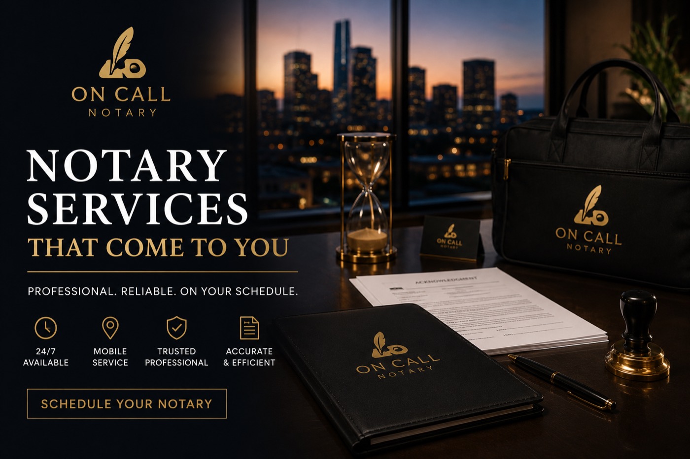 On Call Notary — notary services that come to you. Professional, reliable, on your schedule. 24/7 mobile service across the Inland Empire.