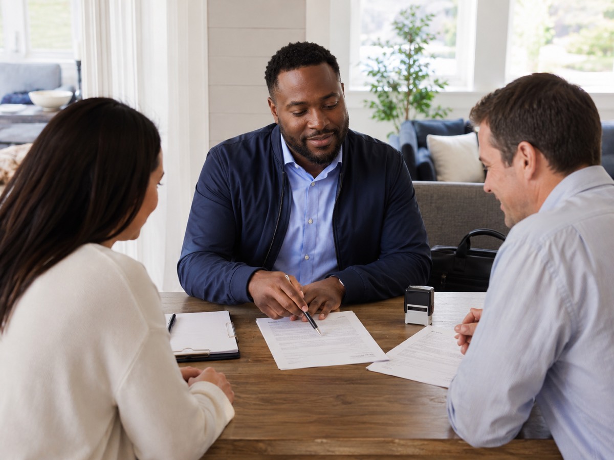 Certified loan signing agent reviewing mortgage documents with a couple at their kitchen table
